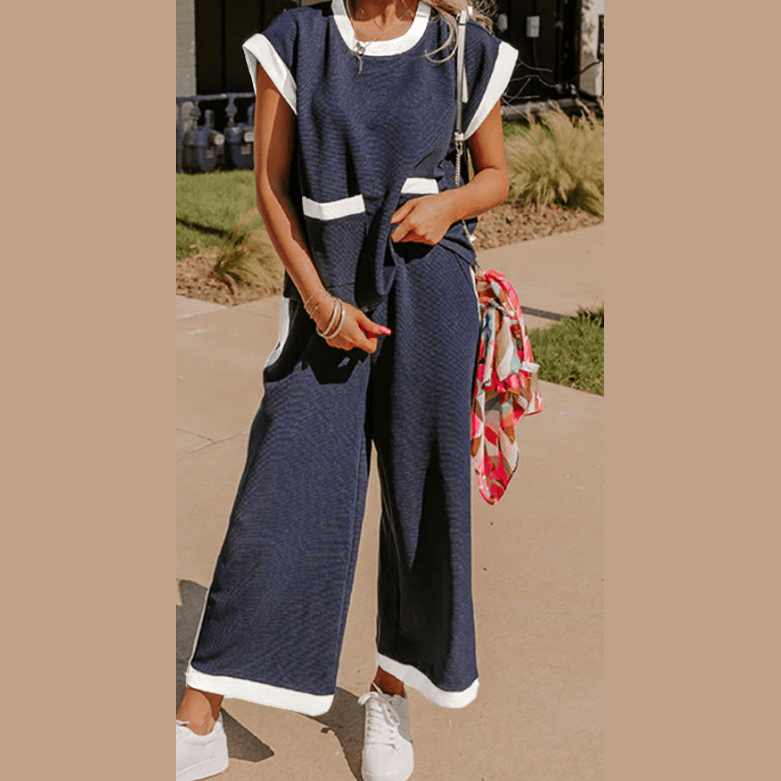 Chantye Navy Blue Color Block Pocketed T Shirt and Wide Leg Pants Set