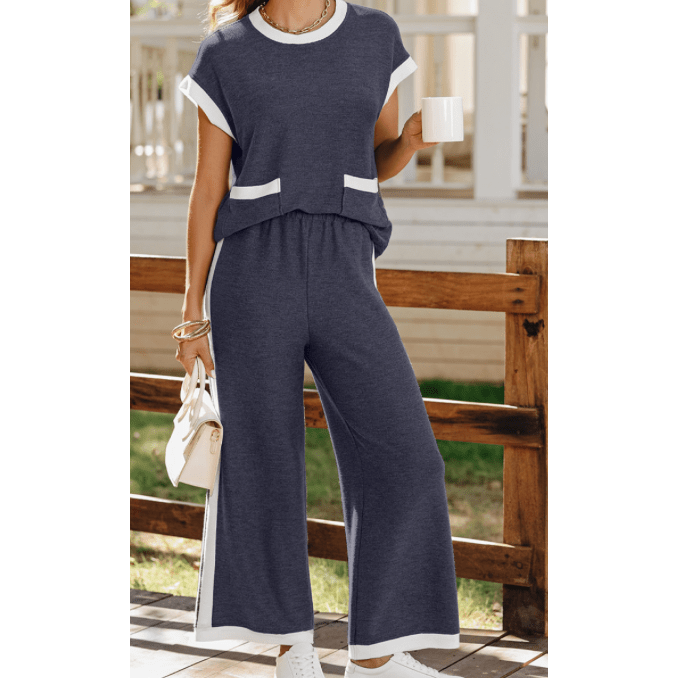 Chantye Navy Blue Color Block Pocketed T Shirt and Wide Leg Pants Set