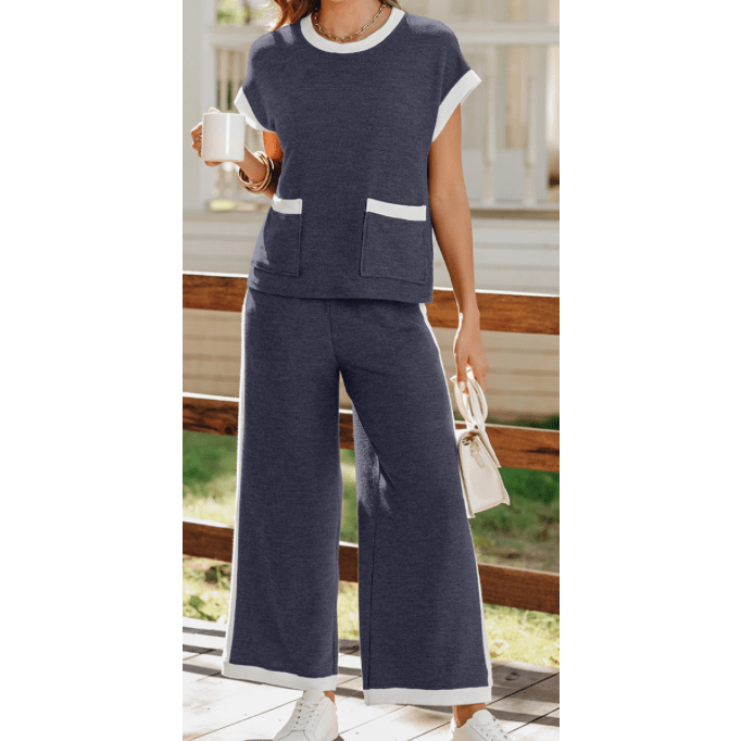 Chantye Navy Blue Color Block Pocketed T Shirt and Wide Leg Pants Set