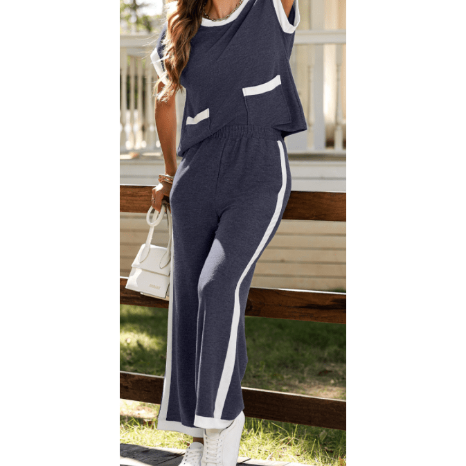 Chantye Navy Blue Color Block Pocketed T Shirt and Wide Leg Pants Set