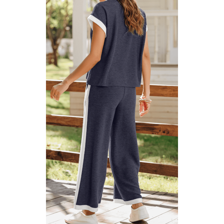Chantye Navy Blue Color Block Pocketed T Shirt and Wide Leg Pants Set