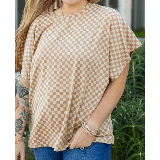 Fynn Khaki Checkerboard Short Batwing Sleeve Round Neck PLUS SIZE T Shirt