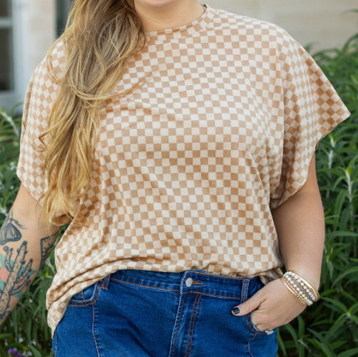 Fynn Khaki Checkerboard Short Batwing Sleeve Round Neck PLUS SIZE T Shirt