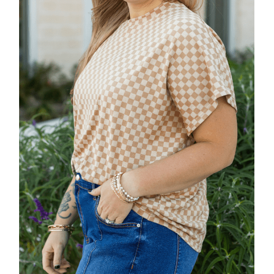 Fynn Khaki Checkerboard Short Batwing Sleeve Round Neck PLUS SIZE T Shirt