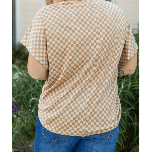 Fynn Khaki Checkerboard Short Batwing Sleeve Round Neck PLUS SIZE T Shirt