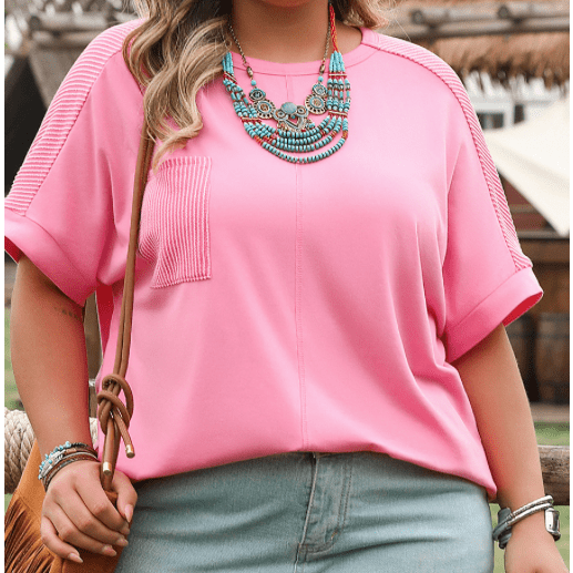 Tasnia Bonbon Pink Corded Patchwork Pocketed PLUS SIZE T Shirt