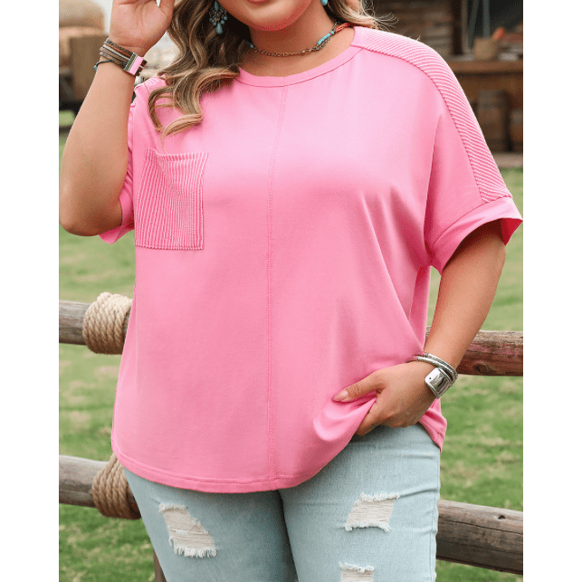 Tasnia Bonbon Pink Corded Patchwork Pocketed PLUS SIZE T Shirt