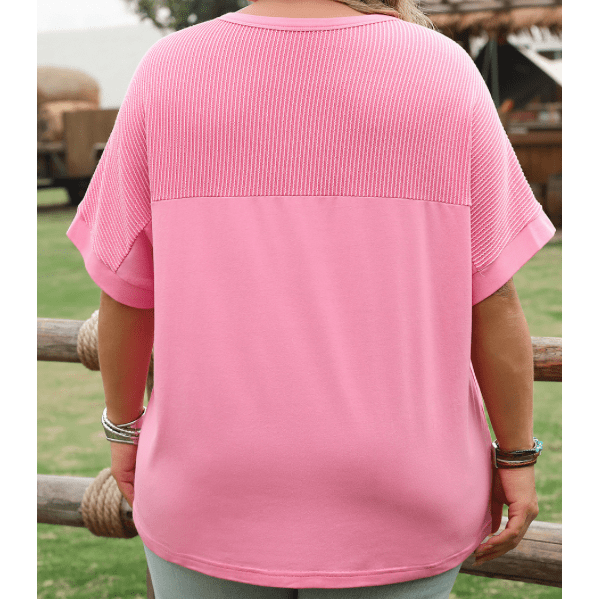 Tasnia Bonbon Pink Corded Patchwork Pocketed PLUS SIZE T Shirt