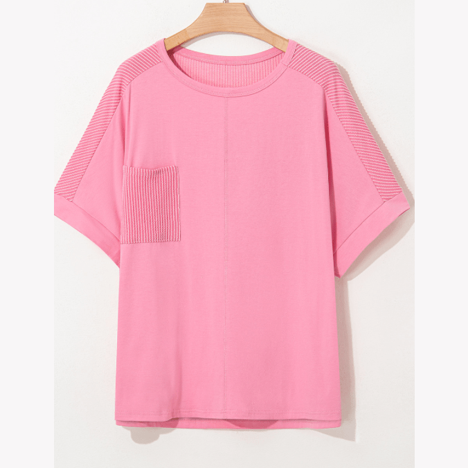 Tasnia Bonbon Pink Corded Patchwork Pocketed PLUS SIZE T Shirt