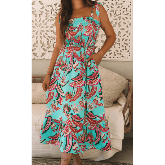 Lorene Green Abstract Print Smocked Bodice Knotted Straps Ruffled Maxi Dress