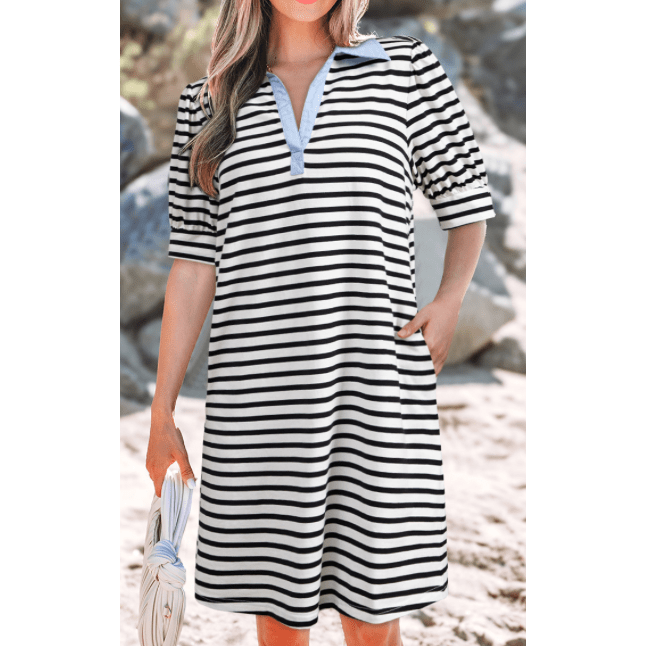 Noemi Black Stripe Contrast V Neck Collared Puff Sleeve T Shirt Mini Dress with Pockets