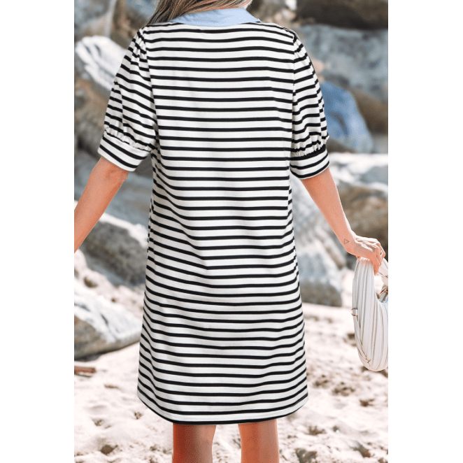 Noemi Black Stripe Contrast V Neck Collared Puff Sleeve T Shirt Mini Dress with Pockets
