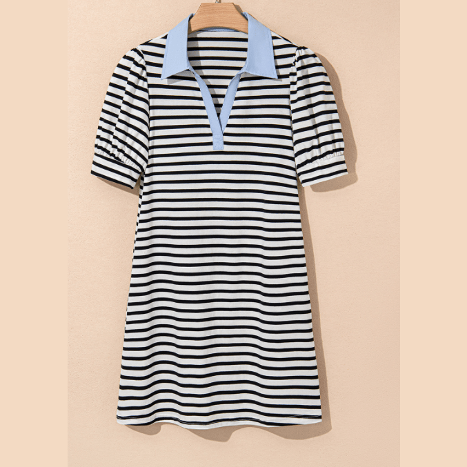 Noemi Black Stripe Contrast V Neck Collared Puff Sleeve T Shirt Mini Dress with Pockets