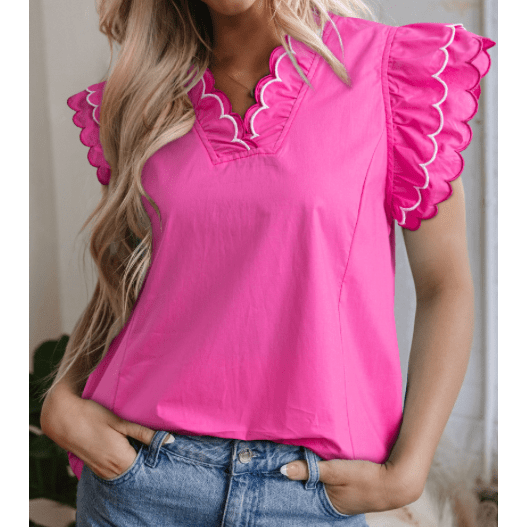 Jerika Bright Pink Contrast Scallop Trim Layered Short Sleeve V Neck Blouse