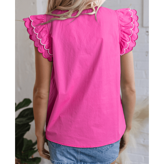 Jerika Bright Pink Contrast Scallop Trim Layered Short Sleeve V Neck Blouse