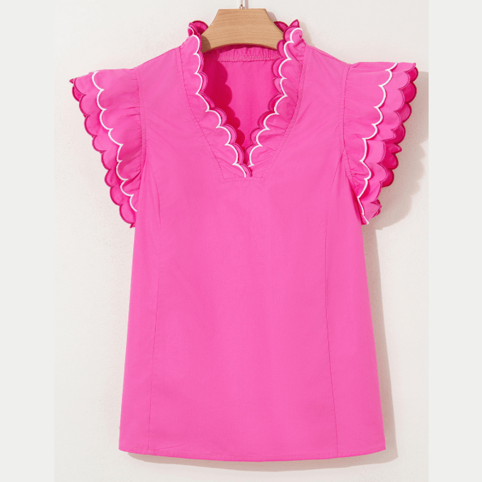 Jerika Bright Pink Contrast Scallop Trim Layered Short Sleeve V Neck Blouse