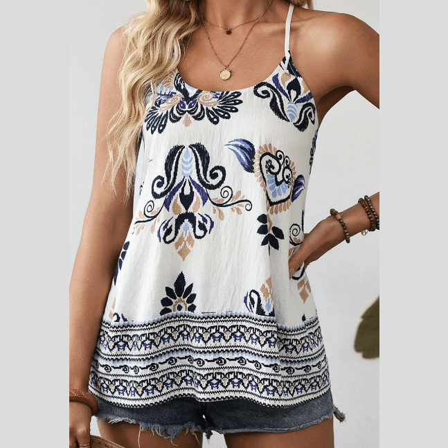 Caterina Blue Bohemian Fashion Print Spaghetti Strap Loose Tank