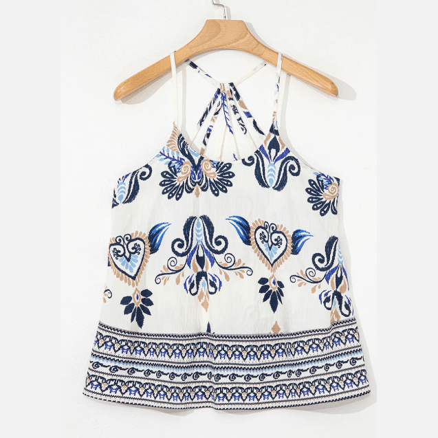 Caterina Blue Bohemian Fashion Print Spaghetti Strap Loose Tank