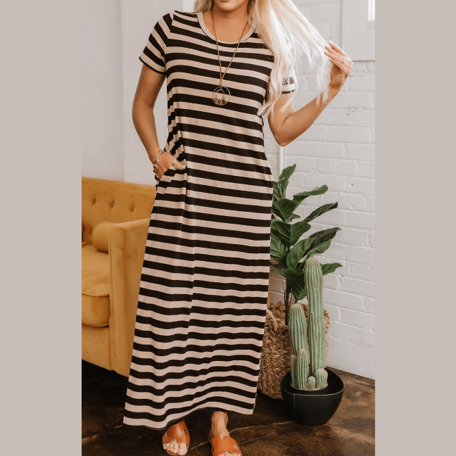 Percilla Black Stripe Casual Round Neck T-shirt Maxi Dress with Pockets