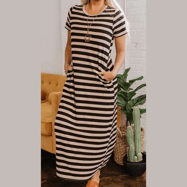 Percilla Black Stripe Casual Round Neck T-shirt Maxi Dress with Pockets