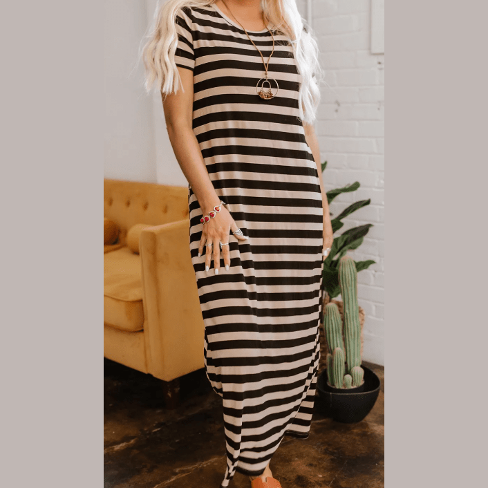 Percilla Black Stripe Casual Round Neck T-shirt Maxi Dress with Pockets