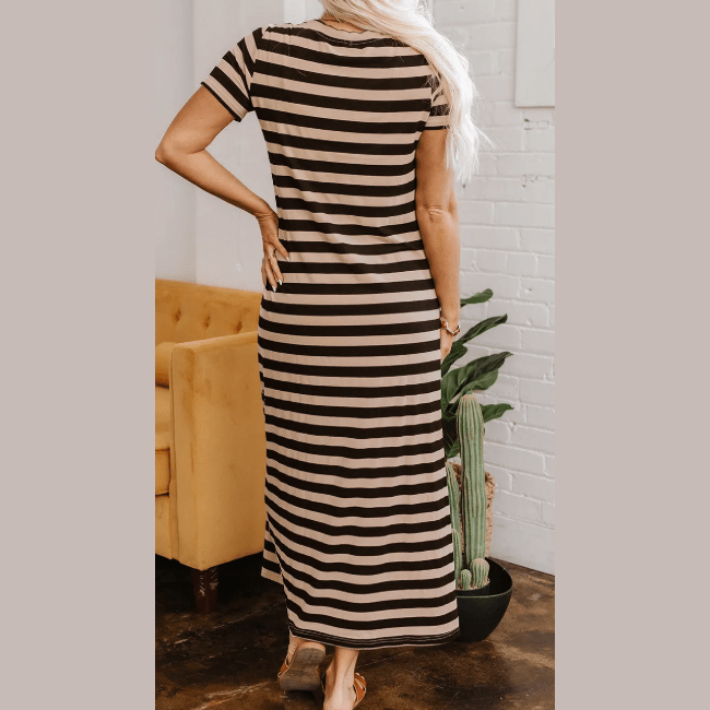 Percilla Black Stripe Casual Round Neck T-shirt Maxi Dress with Pockets