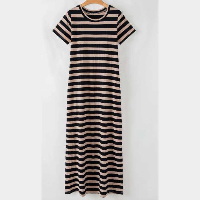 Percilla Black Stripe Casual Round Neck T-shirt Maxi Dress with Pockets