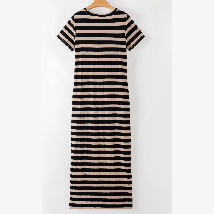 Percilla Black Stripe Casual Round Neck T-shirt Maxi Dress with Pockets