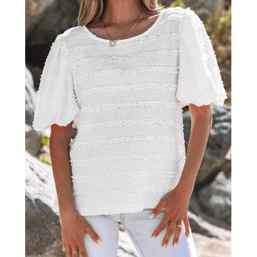 Marcia White Frilled Lace Trim Bubble Sleeve Blouse