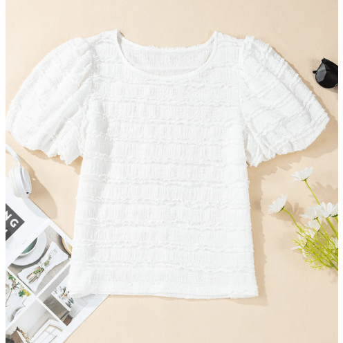 Marcia White Frilled Lace Trim Bubble Sleeve Blouse
