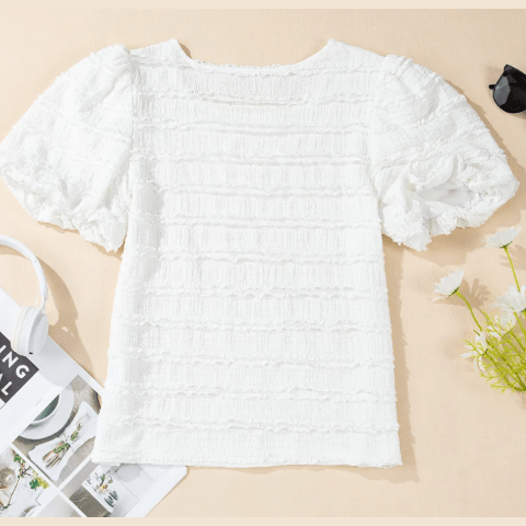 Marcia White Frilled Lace Trim Bubble Sleeve Blouse