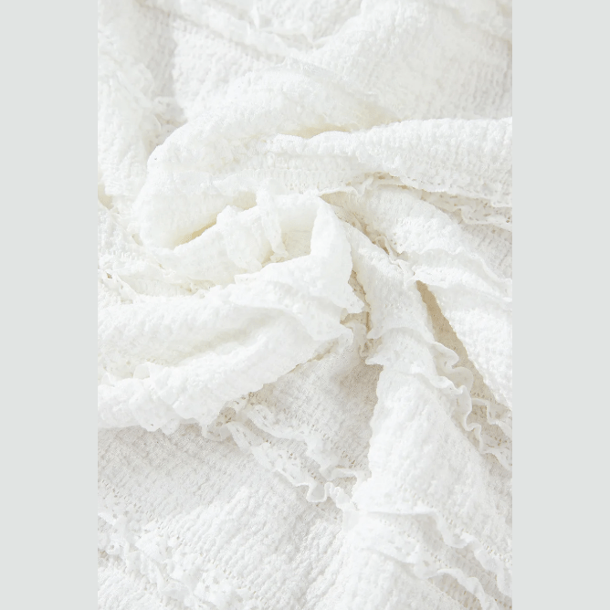 Marcia White Frilled Lace Trim Bubble Sleeve Blouse