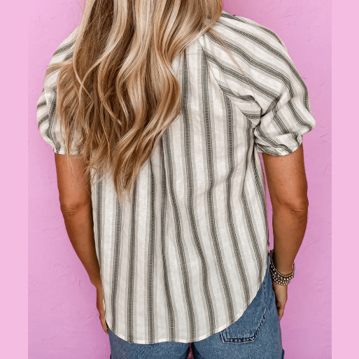 REDUCED!!! Mavis Grey Stripe Frilled Tie Neck Short Sleeve Blouse REDUCED!!!