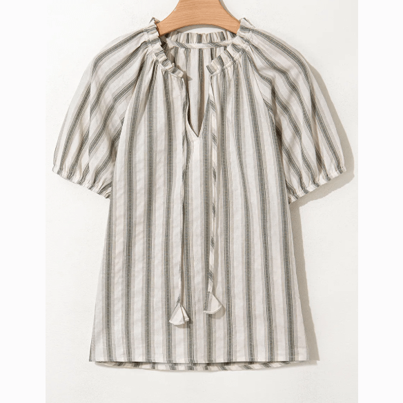 REDUCED!!! Mavis Grey Stripe Frilled Tie Neck Short Sleeve Blouse REDUCED!!!