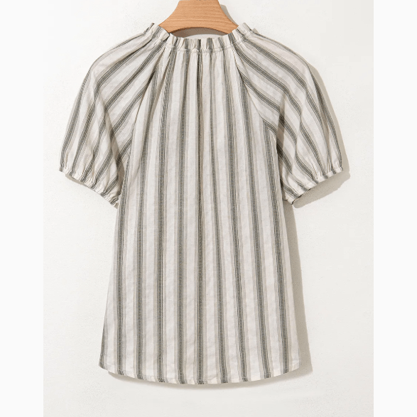 REDUCED!!! Mavis Grey Stripe Frilled Tie Neck Short Sleeve Blouse REDUCED!!!