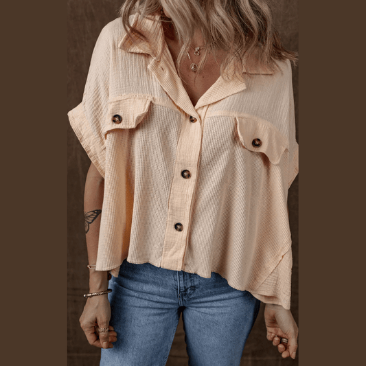 Portia Beige Waffle Short Batwing Sleeve Flap Detail Shirt