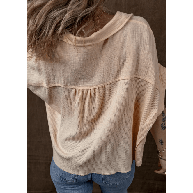 Portia Beige Waffle Short Batwing Sleeve Flap Detail Shirt