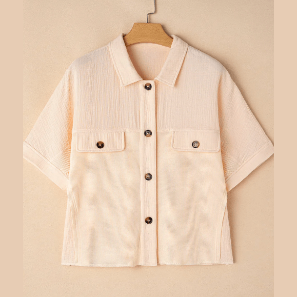 Portia Beige Waffle Short Batwing Sleeve Flap Detail Shirt