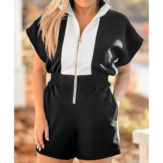Presleigh Black Contrast Collar Patchwork Zip Front Romper
