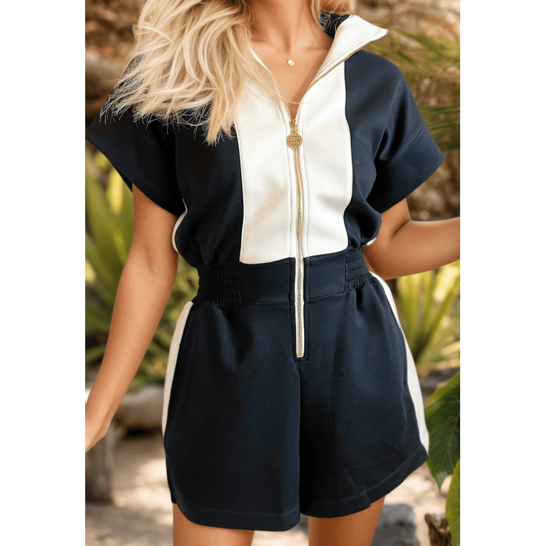 Presleigh Black Contrast Collar Patchwork Zip Front Romper