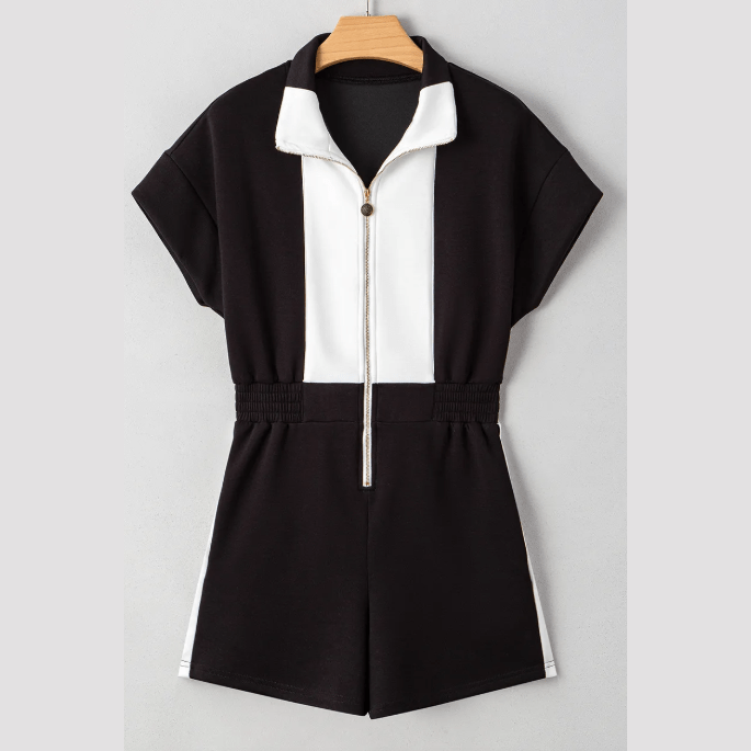 Presleigh Black Contrast Collar Patchwork Zip Front Romper
