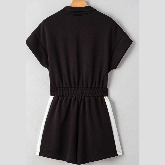 Presleigh Black Contrast Collar Patchwork Zip Front Romper