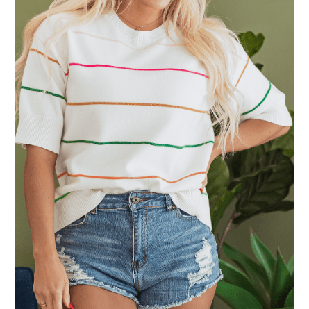 Quinna White Colorblock Striped Half Sleeve Drop Shoulder Sweater