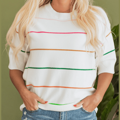 Quinna White Colorblock Striped Half Sleeve Drop Shoulder Sweater