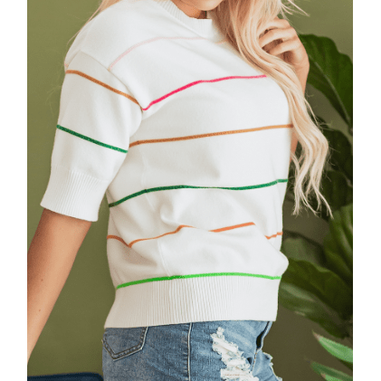 Quinna White Colorblock Striped Half Sleeve Drop Shoulder Sweater
