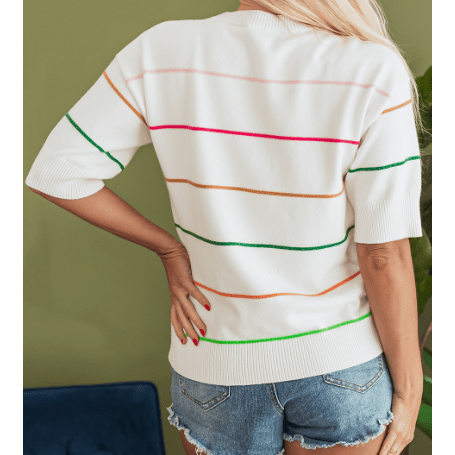 Quinna White Colorblock Striped Half Sleeve Drop Shoulder Sweater
