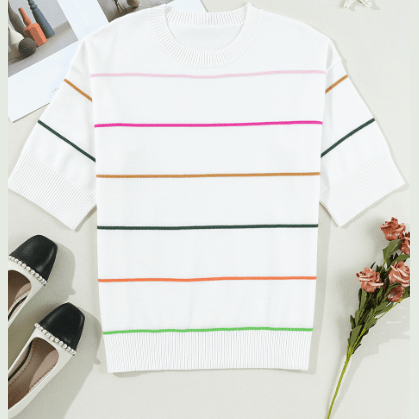 Quinna White Colorblock Striped Half Sleeve Drop Shoulder Sweater