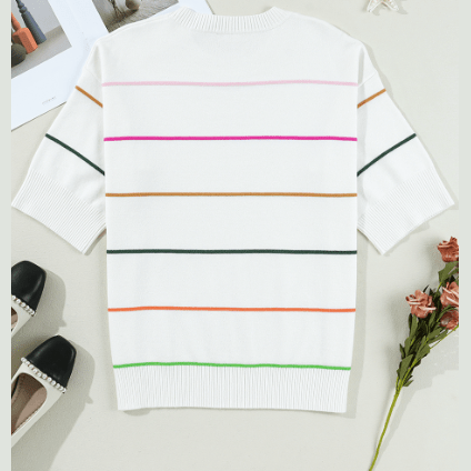 Quinna White Colorblock Striped Half Sleeve Drop Shoulder Sweater