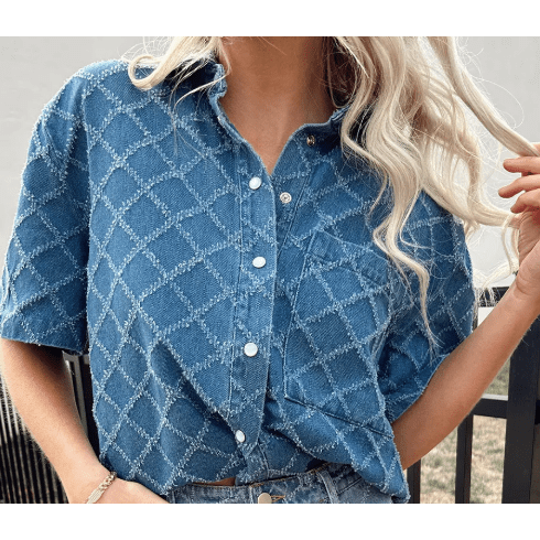 Taylyn Dusk Blue Checkered Textured Short Sleeve Patched Pocket Denim Shirt