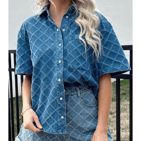 Taylyn Dusk Blue Checkered Textured Short Sleeve Patched Pocket Denim Shirt